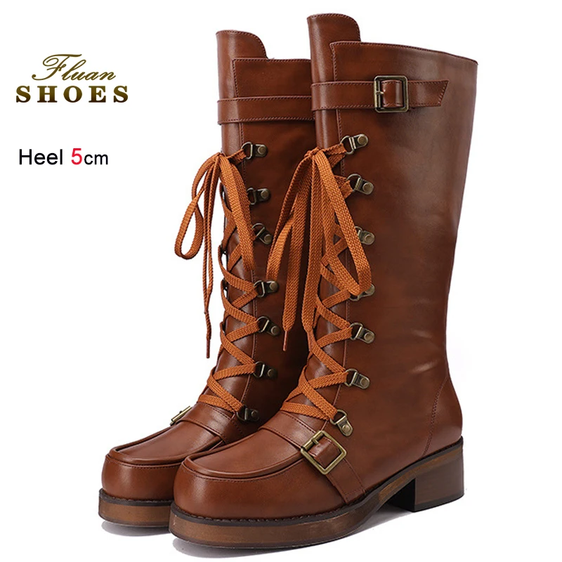 

Fashion Brown Autumn Winter Embroidery Women's Mid-Calf Boots Round Toe Chunky Heels 5cm Belt Buckle Lace Up Female Knight Boots