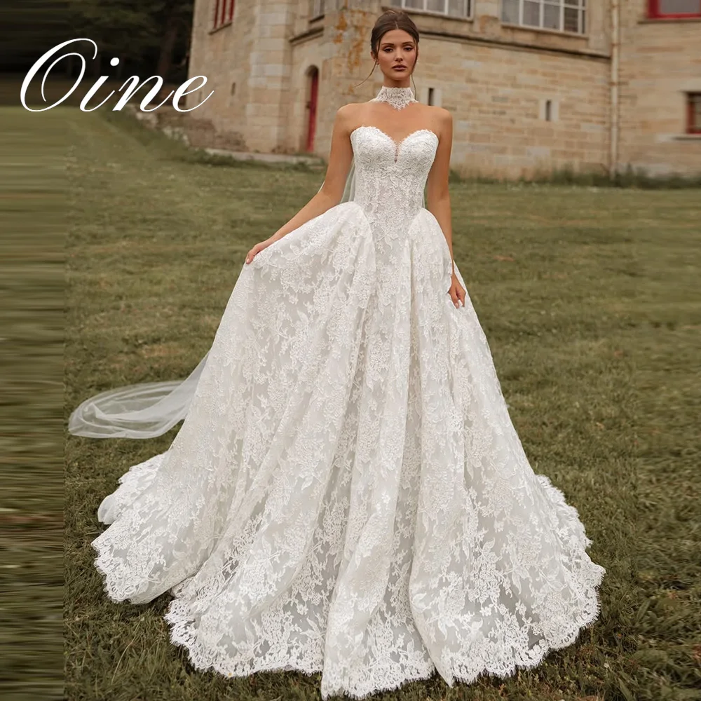 luxury chapel dress Long Sleeve Lace Wedding Dress V-Neck Bridal Gown with Chapel Train-Bridelily