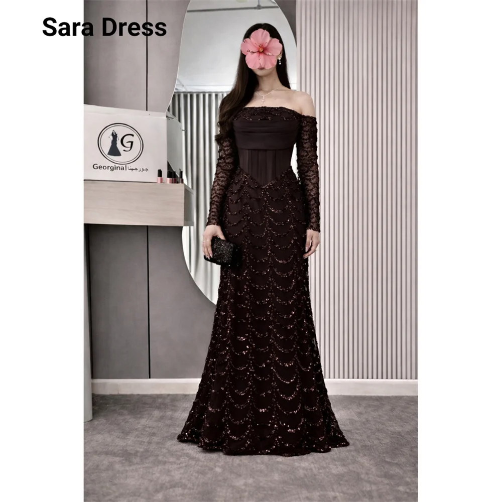 

Sara Custom Black Long Sleeve Off-shoulder Shiny Luxurious Evening Dresses for Events Prom Dress 2026 Woman Elegant Gown Party
