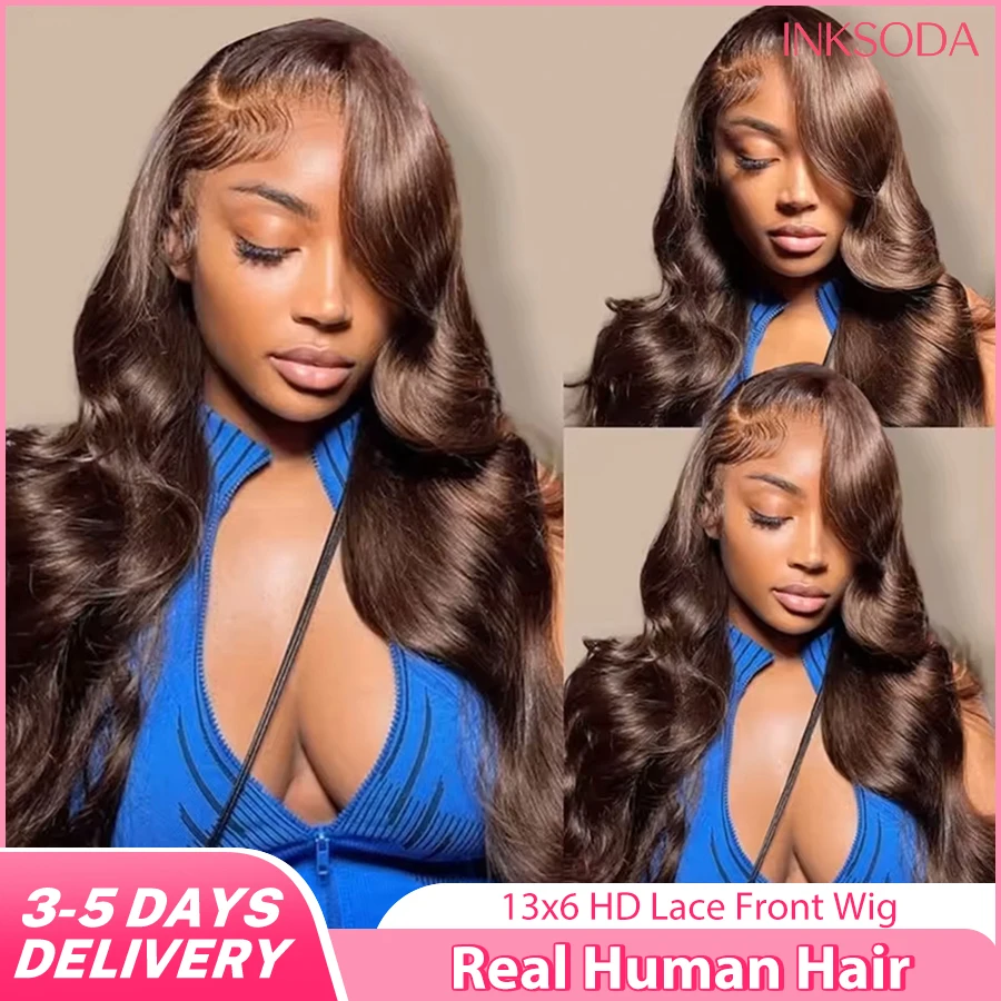 

Парик из натуральных волос с кружевной передней частью, 220% плотность, шоколадно-коричневый, с эффектом Body Wave, предварительно выщипанный, 13x6 HD, коричневый парик с кружевным фронтом