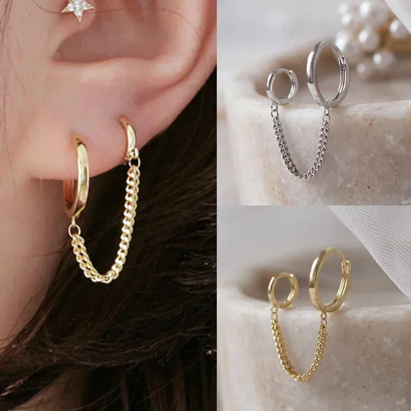 Punk Cool Two Hole Piercing Earrings Gold Silver Color Long Tassel Chain Drop Earrings for Women Fashion Jewelry Gifts Korean