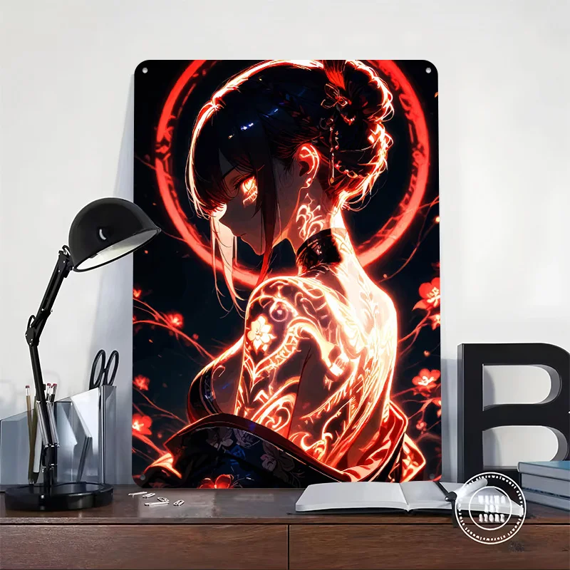 Anime Girl With Glowing Tattoos and Kimono Tin Plaque Poster Customized Retro Wall Art Vintage Metal Signs for Room Home Sign