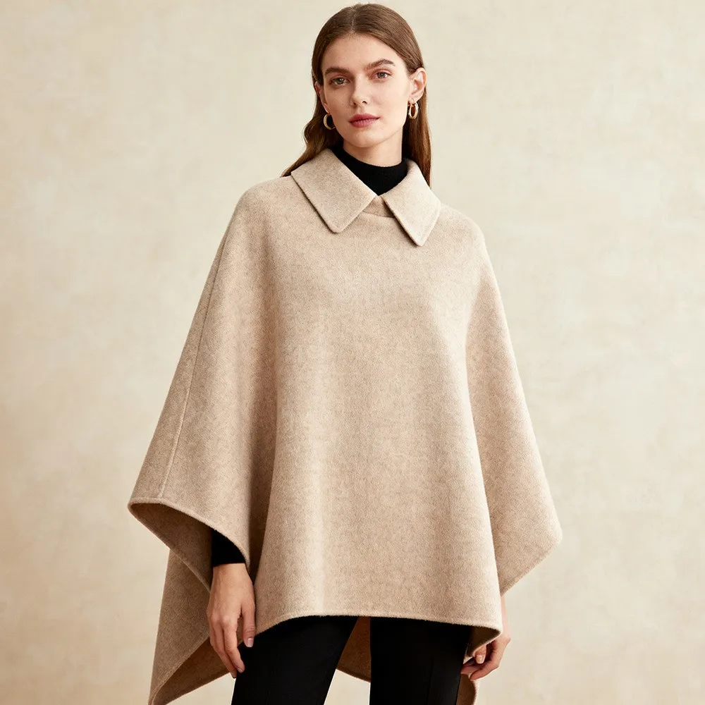 

Woolen Long Cape Loose Coat Spring Autumn Zipper Women's Lapel Solid Color Irregular Shawl Manteau Femme Ponchos Invierno Mujer