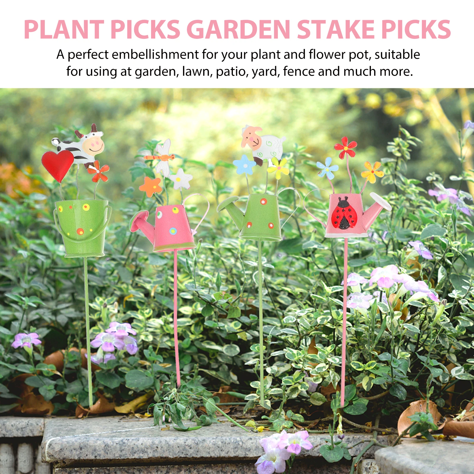 

5pcs Metal Plant Decorations for Flower Pots Kettle Shaped Stakes Indoor Outdoor Garden Lawn Patio Yard Fence Premium Iron
