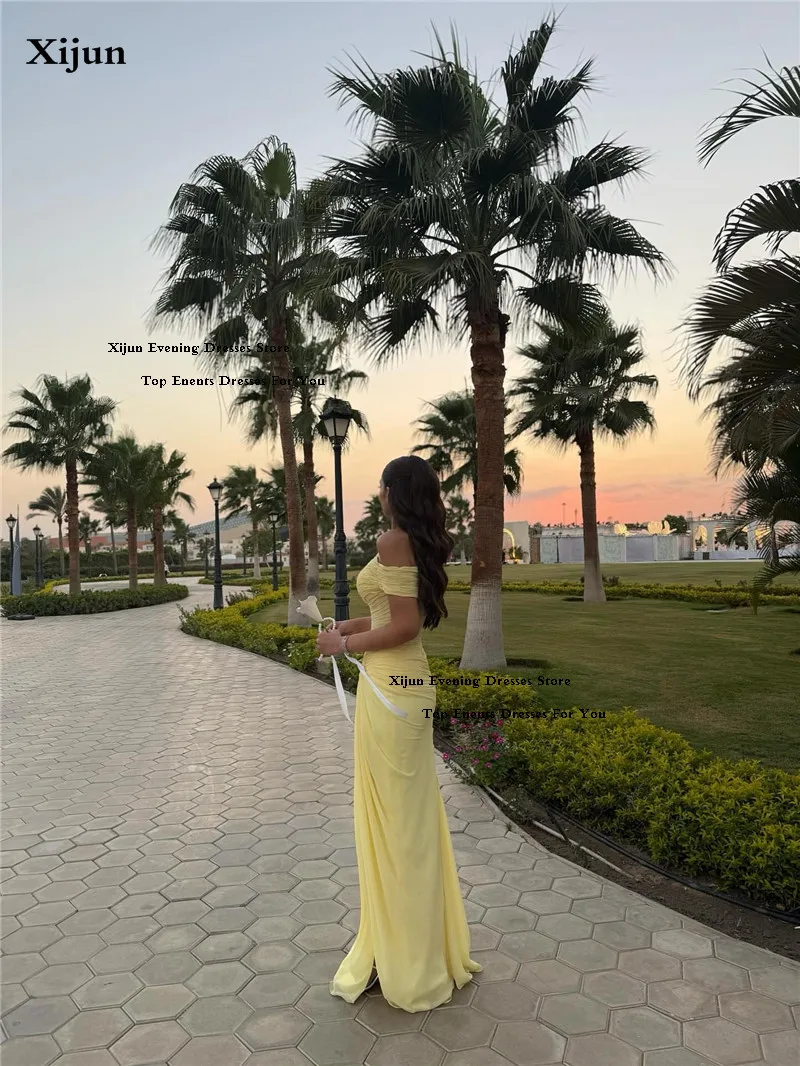 

Xijun Yellow Mermaid Chiffon Evening Off Shoulder Pleated Prom Dress Sleeveles Saudi Arabic Formal Prom Gowns Customized 2026