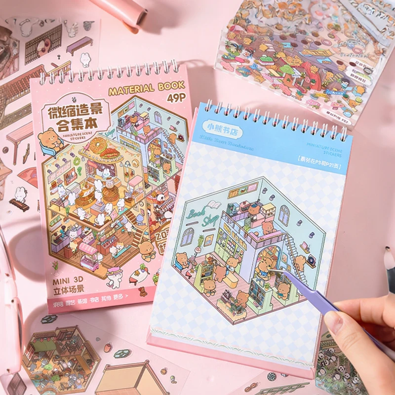 3D Diorama Sticker Book 20 Pages Mini Scene Cute Cartoon Animal Ghosts Theme DIY Scrapbook Toy Fun Stress Relief Kids Adult Gift