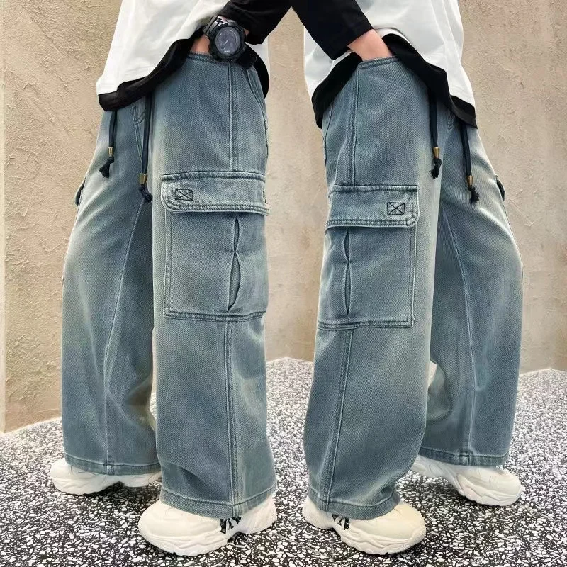 

Boys' Straight Leg Cargo Jeans 2024 Spring New Big Children's Long Pants Fashion Trend 120-170CM