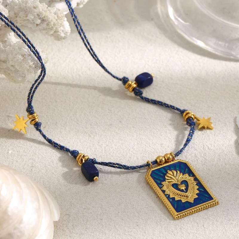 

European and American INS Style Stainless Steel Crown Square Pendant Necklace for Women Fashion Hand Woven Rope Jewelry Necklace