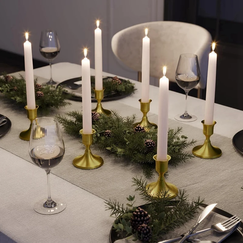 6PCS Brass Gold Taper Candle Holders, Vintage Metal Candlestick Holders For Dinner Room Table Centerpiece Or Mantel