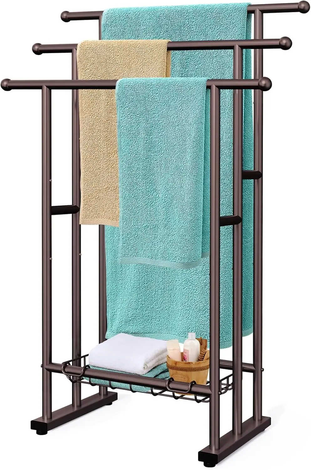 

40" Tall 3-Tier Freestanding Towel Rack with Storage Basket, Drying Display for Bathroom