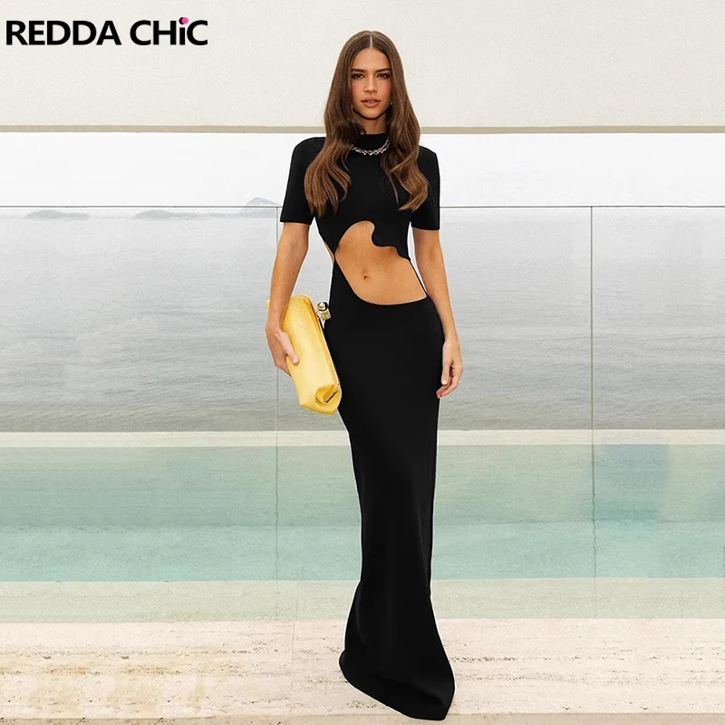 

ReddaChic Women Cut Out Waist Bodycon Sexy Black Asymmetric Short Sleeves Turtleneck Maxi Long Dress Festival Summer Clothes