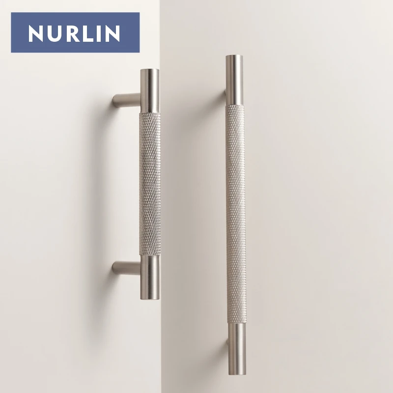 Nurlin Solid Brass Diamond-cut Cross Knurl Pattern Silver Brushed Nickel Cabinet Handles Wardrobe Pull T-bar Knobs Knurled