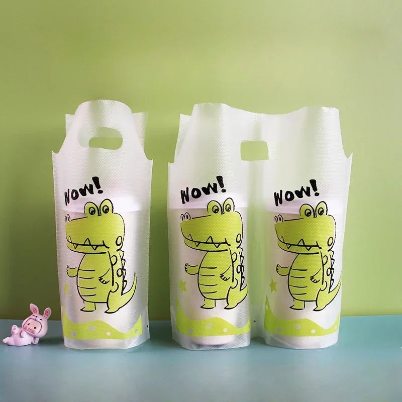 100pcs Coffee Transparent Embossed Packing Bag Disposable Cartoon Dinosaur Tote Bags Single Double Cup Takeaway Beverage Pocket