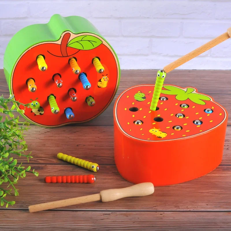 Puzzle 3D Giocattoli in legno per bambini Giocattoli educativi per la prima infanzia Cattura verme Gioco Colore Cognitivo Fragola Capacità di presa divertente