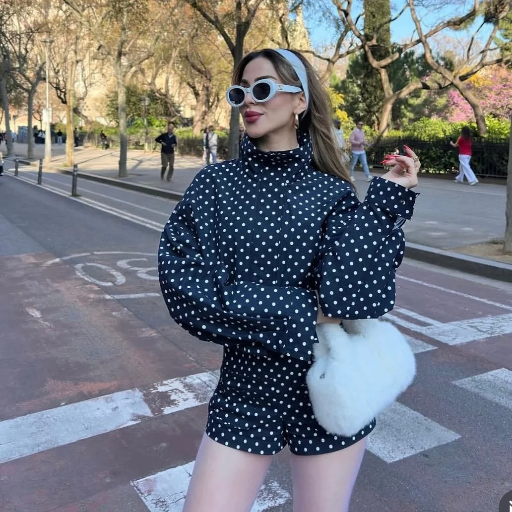 

BSAY Women's Polka Outfit Long Sleeve Stand Collar Zip-Up Cropped Jacket Chic Female High Waist Shorts 2pc Set Casual Streetwear
