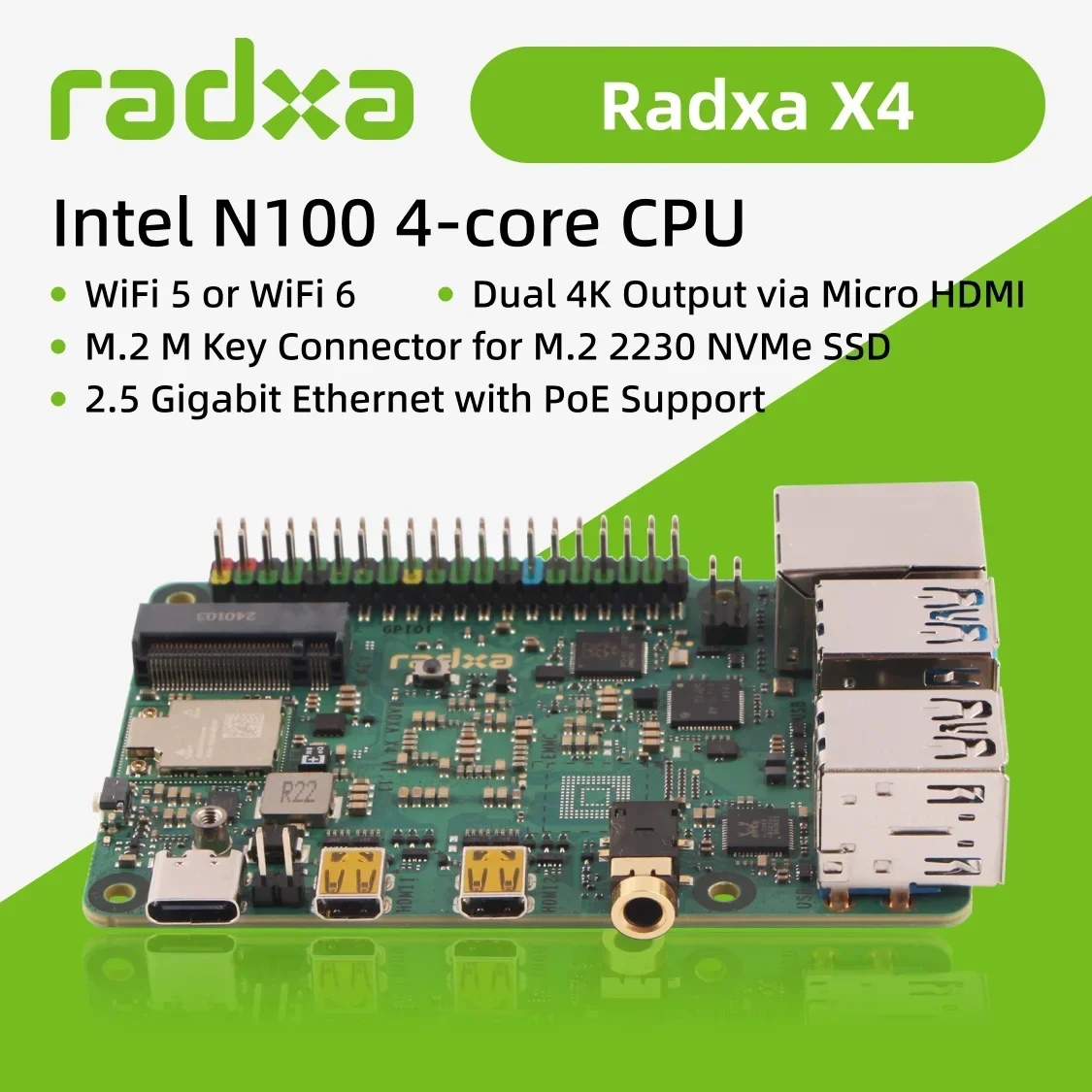 Radxa X4 with Intel N100 Dual 4K Output 2.5Gbps Ethernet PCIe 3.0 M.2 M Key WiFi 5/6 High-Performance SBC New