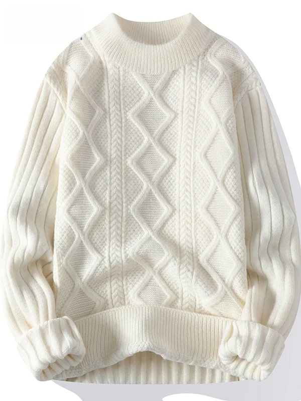 

Утепленный вязаный однотонный свитер с круглым вырезом и узором косы для мужчин, осенне-зимняя новинка, молодежный стиль