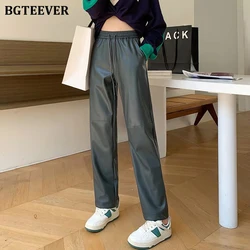 BGTEEVER Casual Kordelzug PU Leder Hosen Frauen Frühling Herbst Elastische Taille Gerade Faux Leder Hosen Weibliche