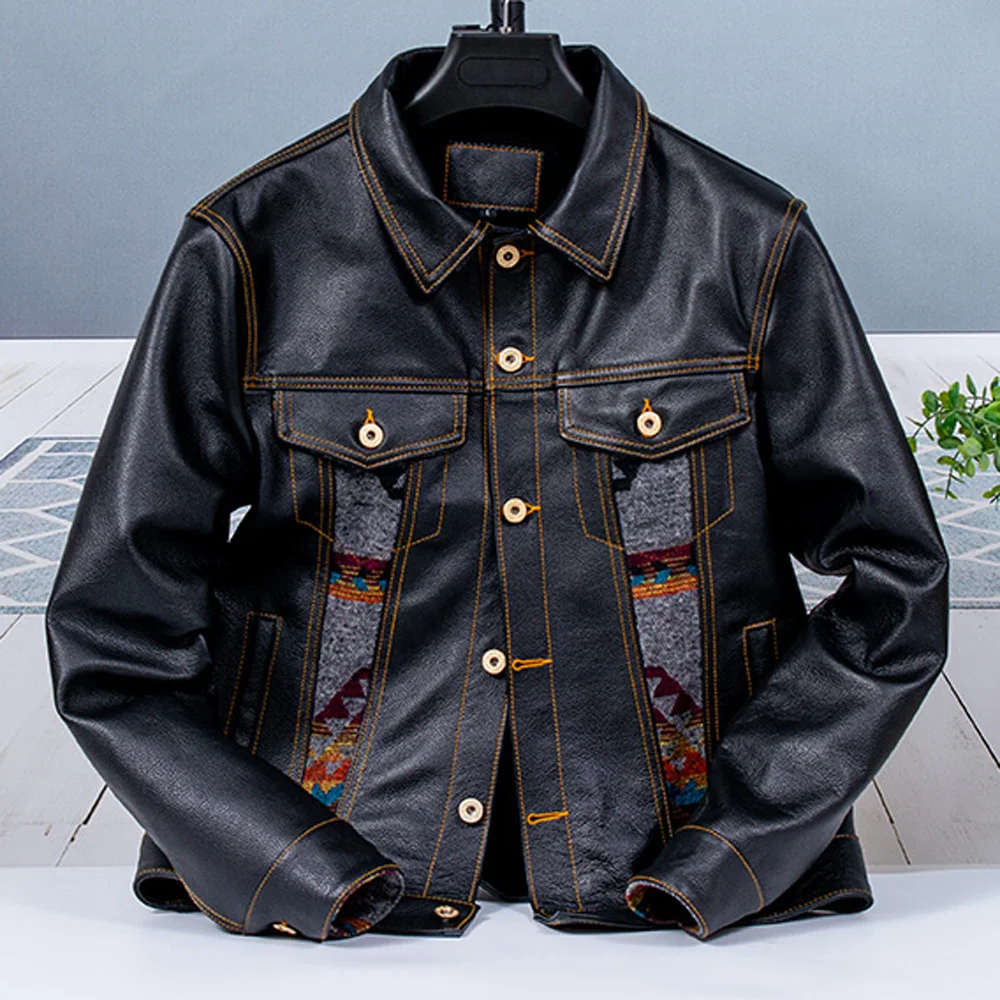 ! Navajo Patchwork Coat Cowhide Genuine Leather Mens Jackets US African Totem Embroidery Motorcycle Outerwear Coats Plus 5XL