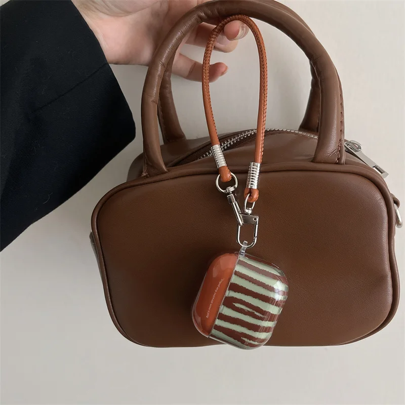 Retro brown green irregular stripe headphone protective case with leather lanyard for airdrops 2 3 4 pro/pro2