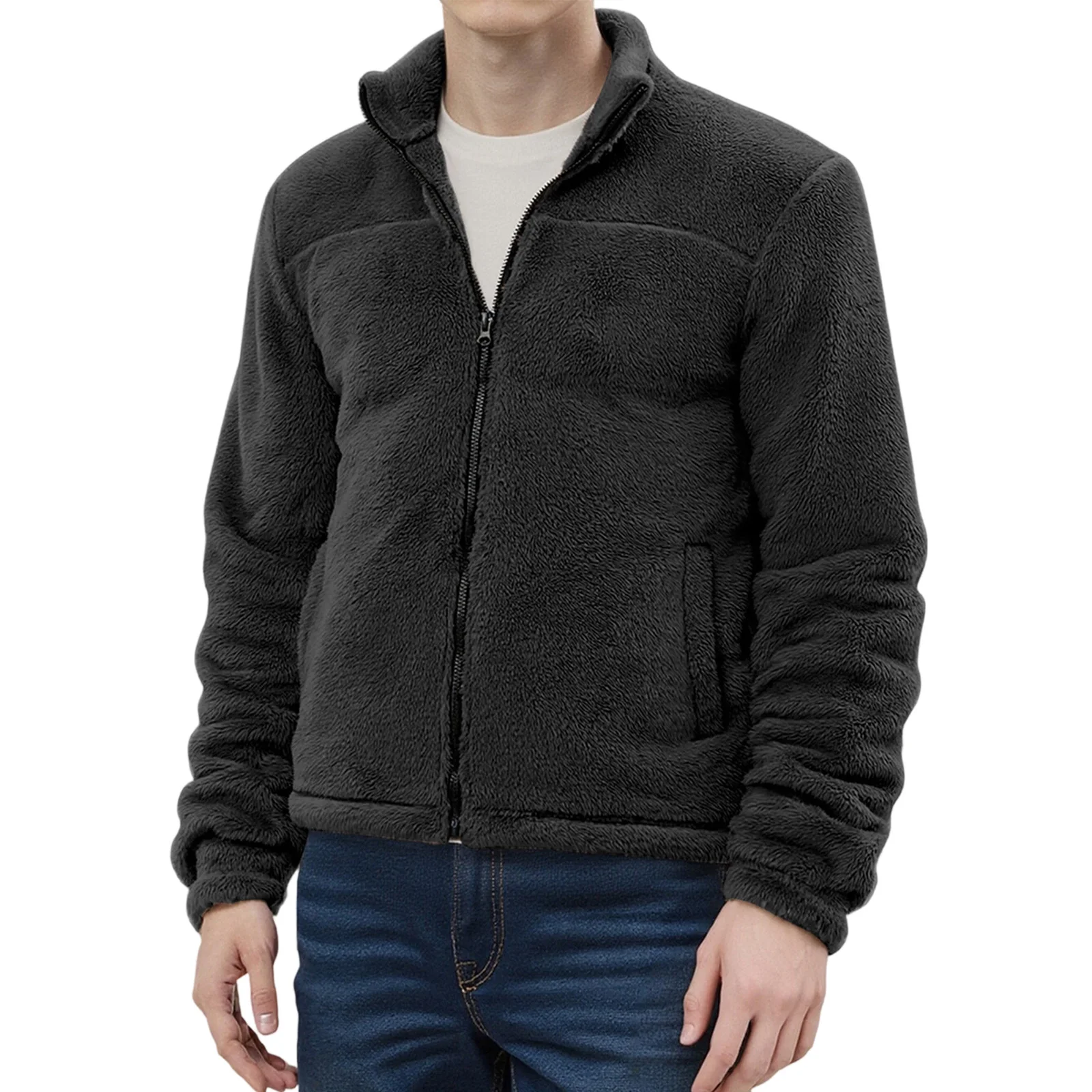 

Мужская зимняя куртка с длинным рукавом и воротником-стойкой на молнии, флисовая куртка, верхняя одежда, топы