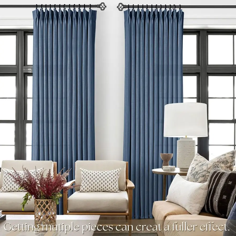 Rideaux en lin bleu marine à plis froncés, 84 pouces de long, pour salon, ensemble de 2 panneaux, semi-transparents, filtrant la lumière, rideaux de fenêtre bleu marine