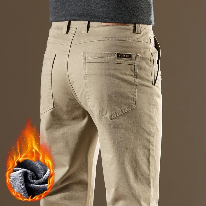 

97% Cotton Fleece Business Casual Pants Men Straight Cozy Stretch Warm Trousers Winter Thickened Velvet Thermal Male Clothing