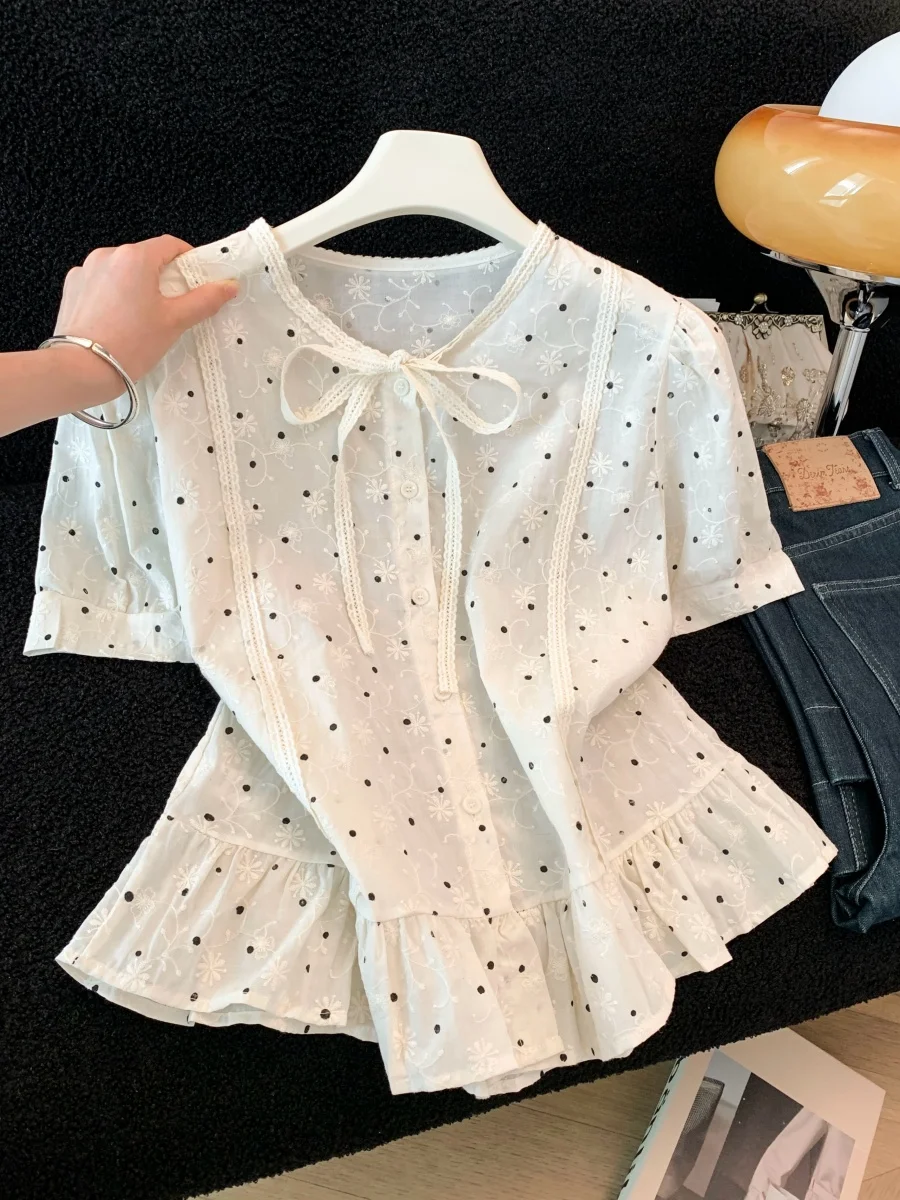 

Sweet Youthful Polka Dot Short Sleeve Shirt Women's Summer 2026 Ruffle Hem Single Button Short Length Top Knot Tie