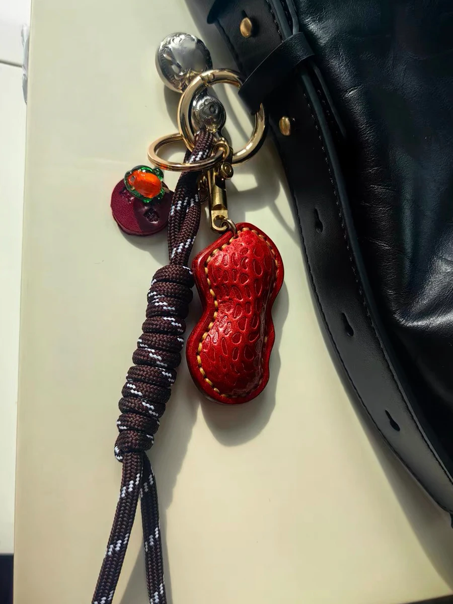 Top Layer Cowhide Peanut Good Things Happen Bag Charm Red National Style Gourd Keychain Accessory Fashionable Bag Decorations
