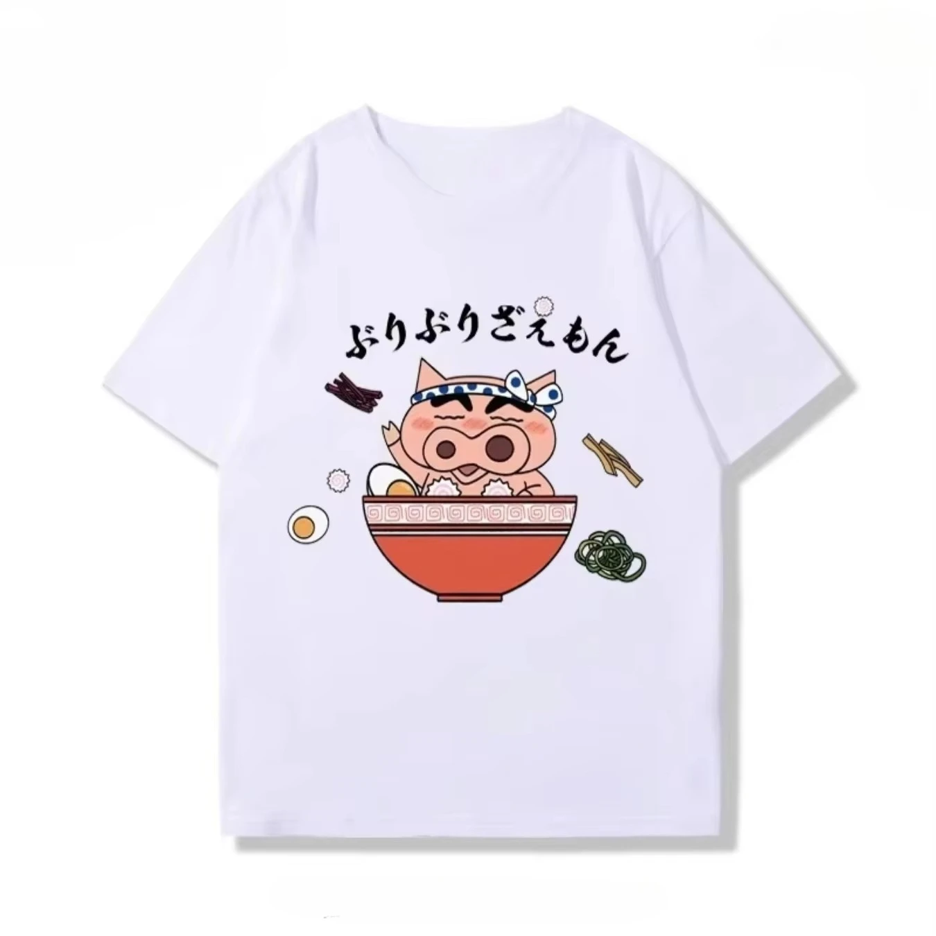 Sommer Crayon Shin-chan Buriburizaemon Ramen Print Damen Baumwoll-T-Shirt mit O-Ausschnitt und kurzen Ärmeln, atmungsaktiv, Anime Streetwear für Kinder