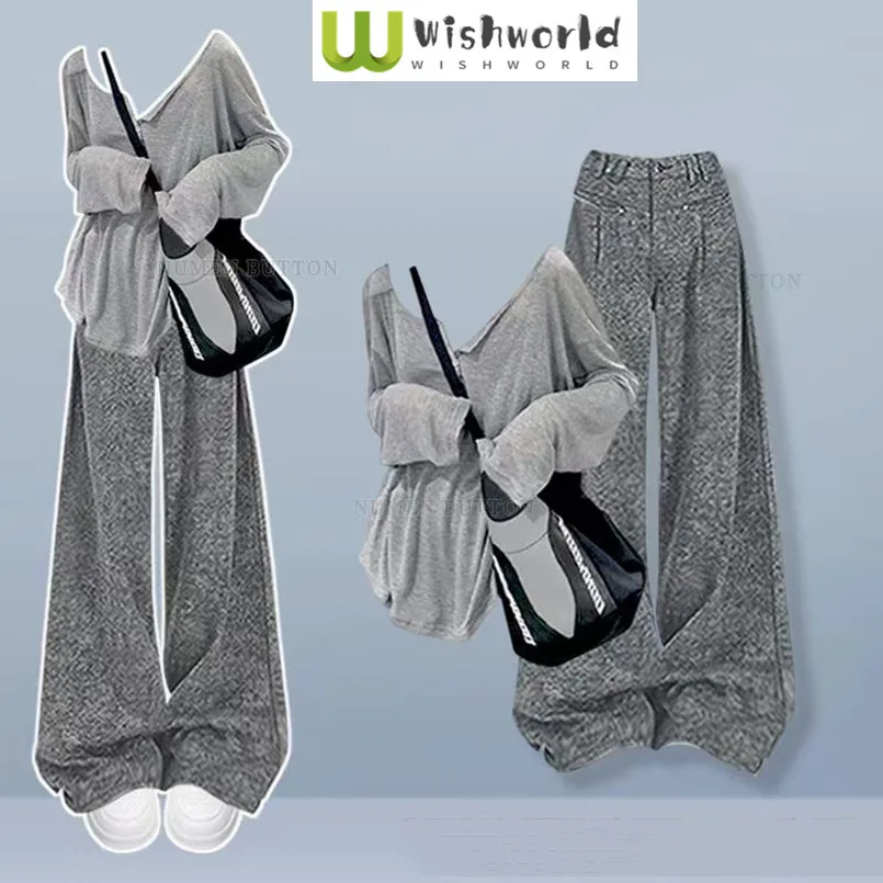 

Spring and Autumn Korean Style Women's Loose V-neck Slimming Top+casual Slimming Wide Leg Pants Two-piece Set