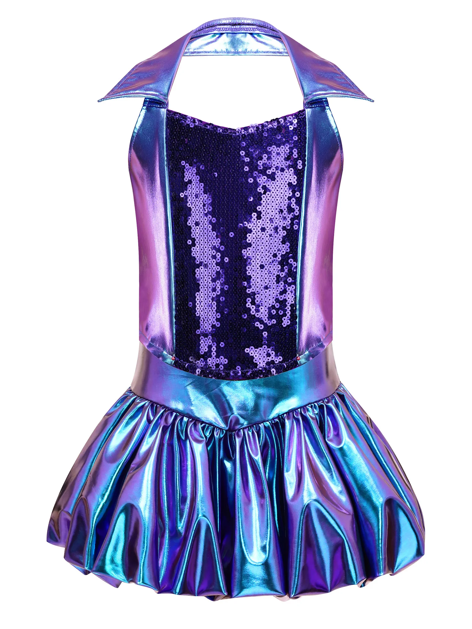 

New Girls Jazz Disco Leotards Sleeveless Halter Crop Top Front Backless Metallic Shiny Tank Top with Skirt Stage Dance Costume