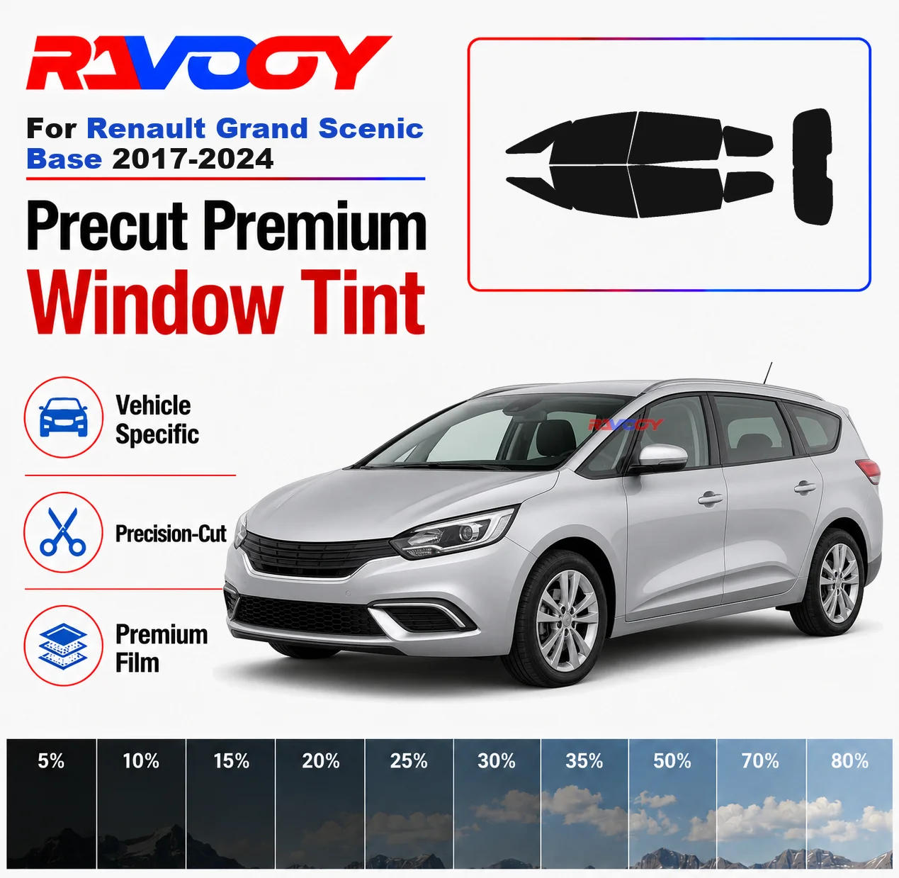 Premium Precut Window Tint Kit Front Rear Windows Rear Windshield For Renault Grand Scenic Base 2017-2024 Nano Ceramic Film