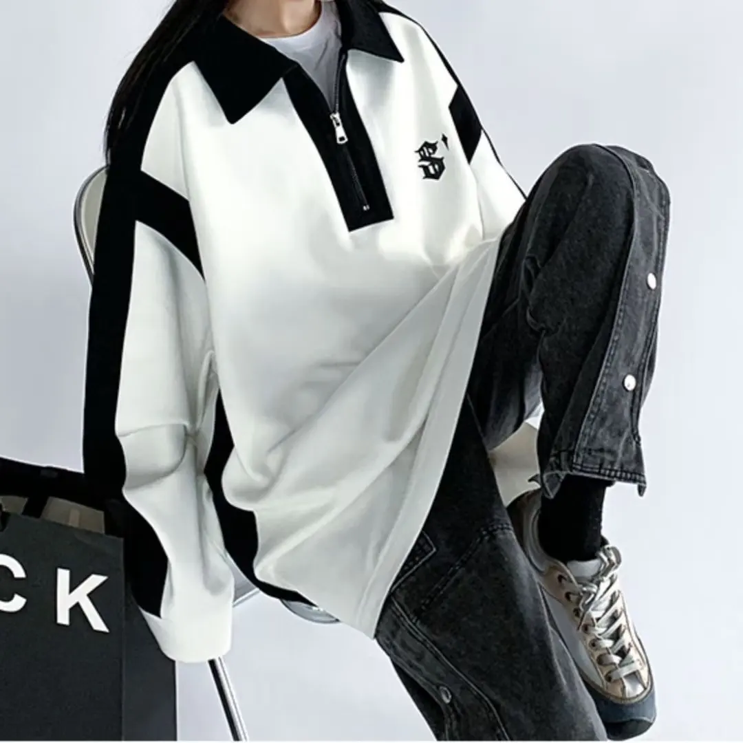 American Patchwork Polo Shirt Men Women Summer Fashion Loose Half Zipper Short-Sleeved Vintage T-Shirt With Casual Lapel Tops