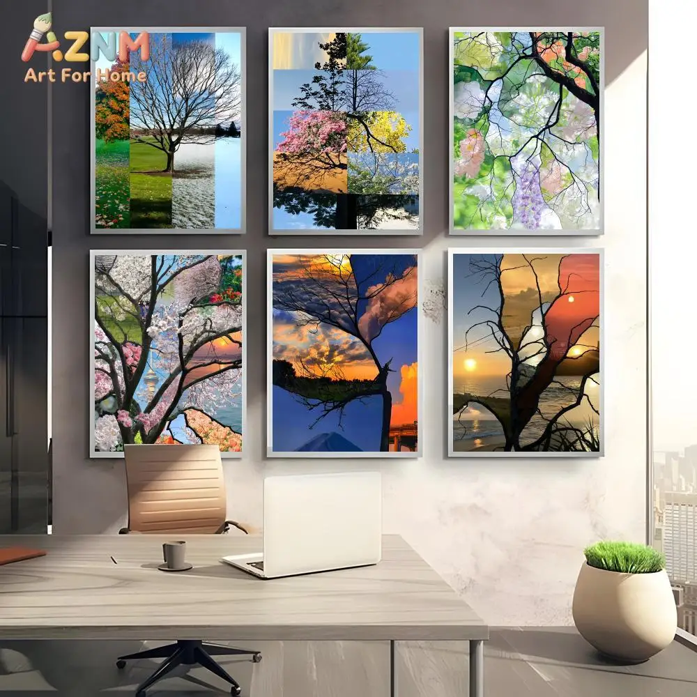 AZNM Four Seasons Tree Collage Canvas Poster Frameless Wall Art Spring Summer Autumn Winter Tree Patchwork Nature Landscape Prin
