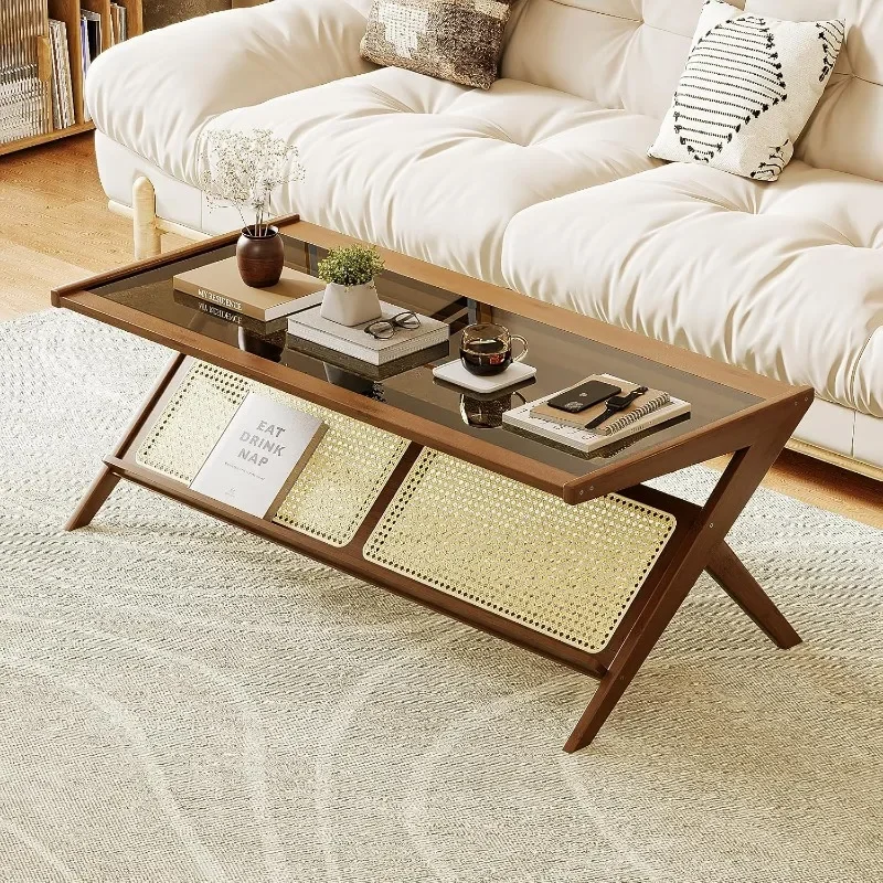 Mid-Century Modern Coffee Table with Glass Top Rattan Center Table with Storage for Living Room Table Brown