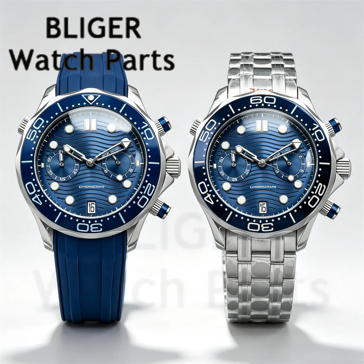 BLIGER VK64 Chronograph 41mm Men Quartz Watch Green Wave Dial Luminous Roating Bezel Domed Sapphire Glass Stainless Steel Strap