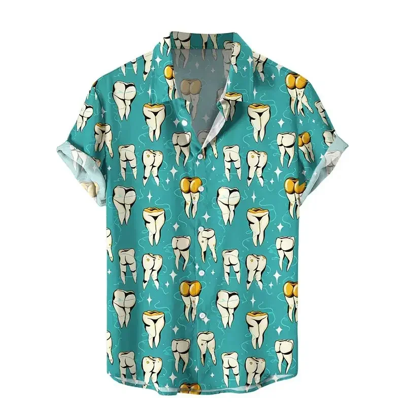 

2024 New Hawaii Beach Trendy Men's Short Sleeve Shirt Gross Mushroom Print Men's Lapel Top Plus Size Casual Men's Shirt