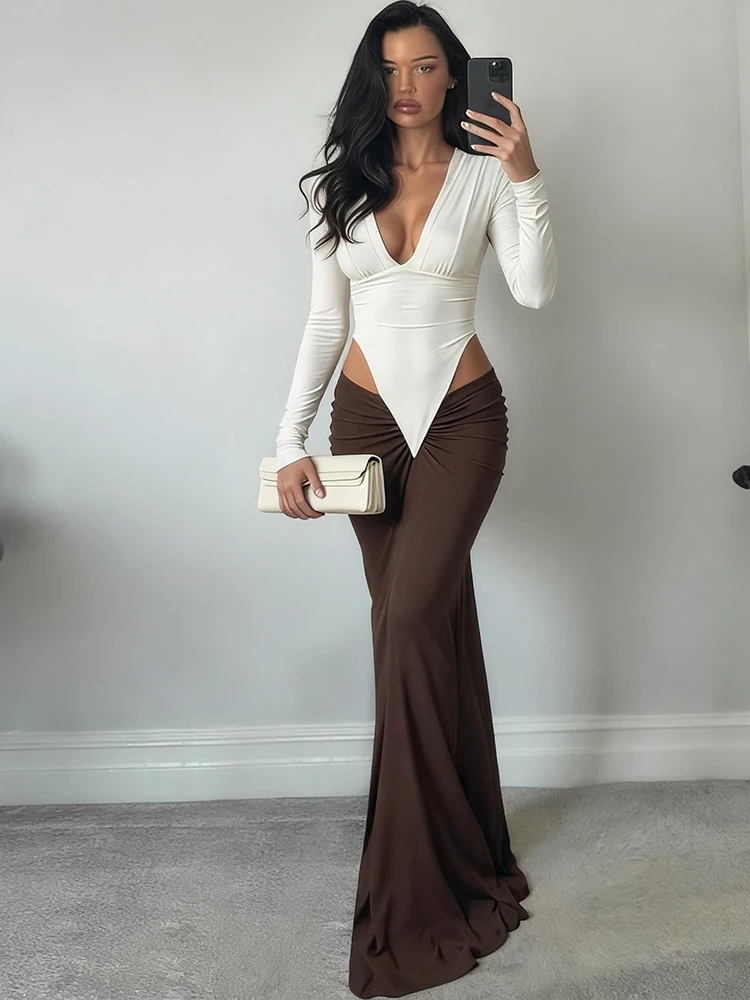 Weird Puss Sexy Waistless Patchwork Dress Women Deep V-Neck Ruched Elegant Peach Hip Simple Classic Stretch Skinny Maxi Bodycon
