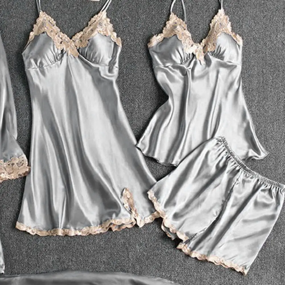 5 Pcs/Set Women Pajamas Set Nightgown Nightdress Top Shorts Pants Set Silky Satin Lace Patchwork Women Homewear Set Sleepwear