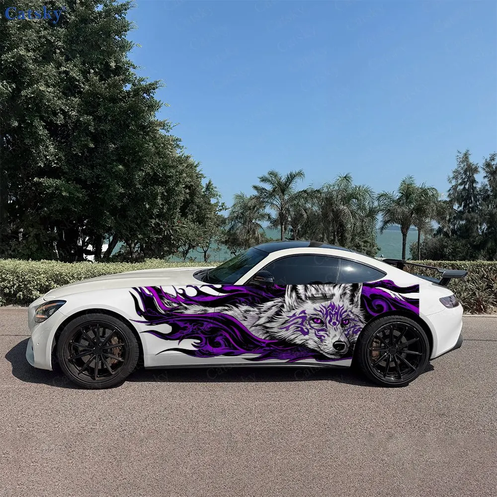 

2pcs Purple Flame White Fox Splash Decal, Durable, Fade-Resistant, Enhance Vehicle Aesthetic With Bold Design Car Vinyl Wrap