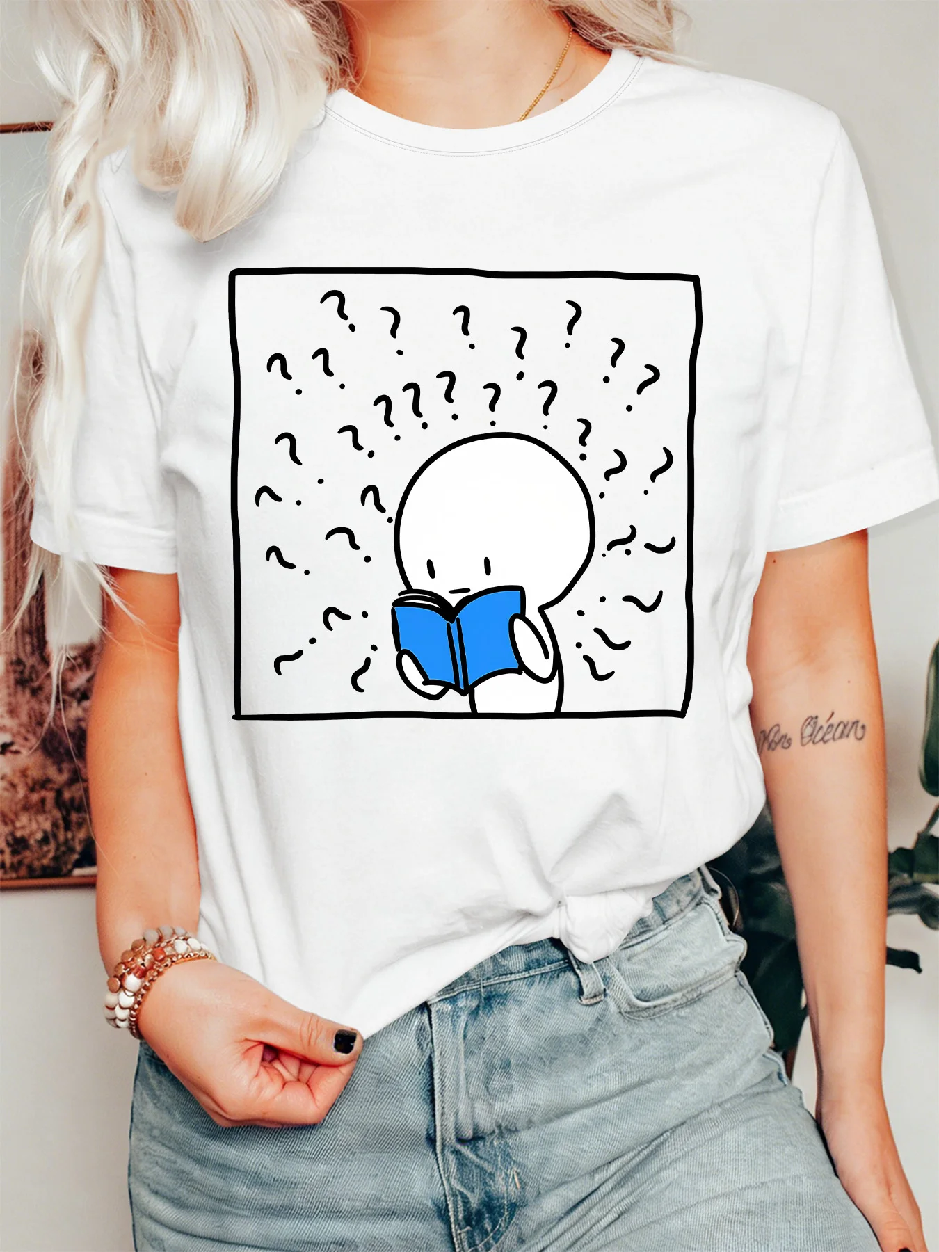 Fun Confused Reading Figure Womens T Shirt Question Marks Simple Cartoon Graphic Tee Short Sleeve Casual Party Ladies Tops