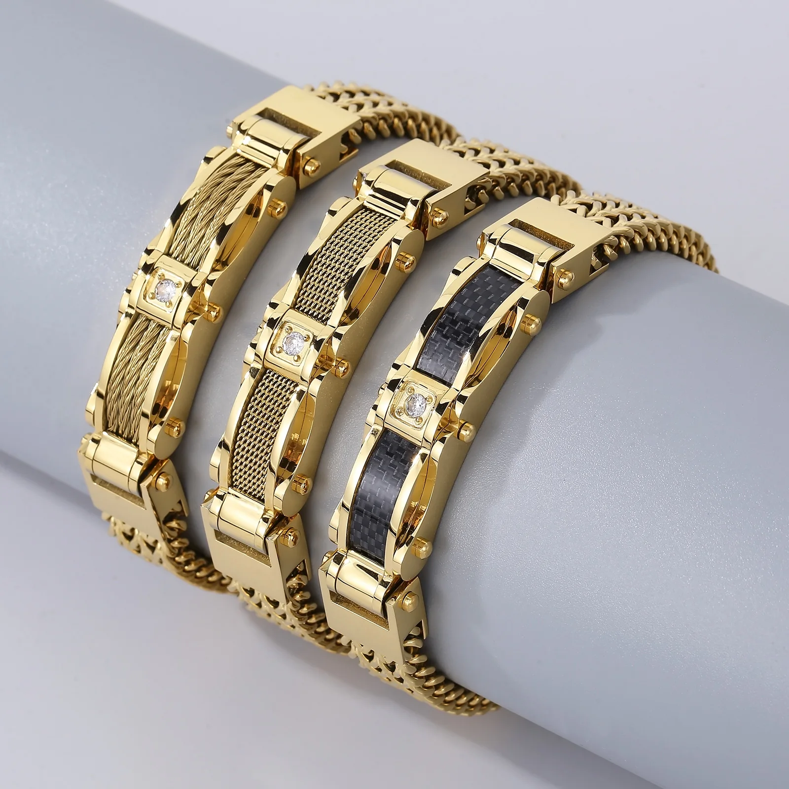 Luxury With Zircon Bracelet for Men Gold Color Stainless Steel Square Franco Link Chain Men's Wrist Bracelets With Magnet Clasp