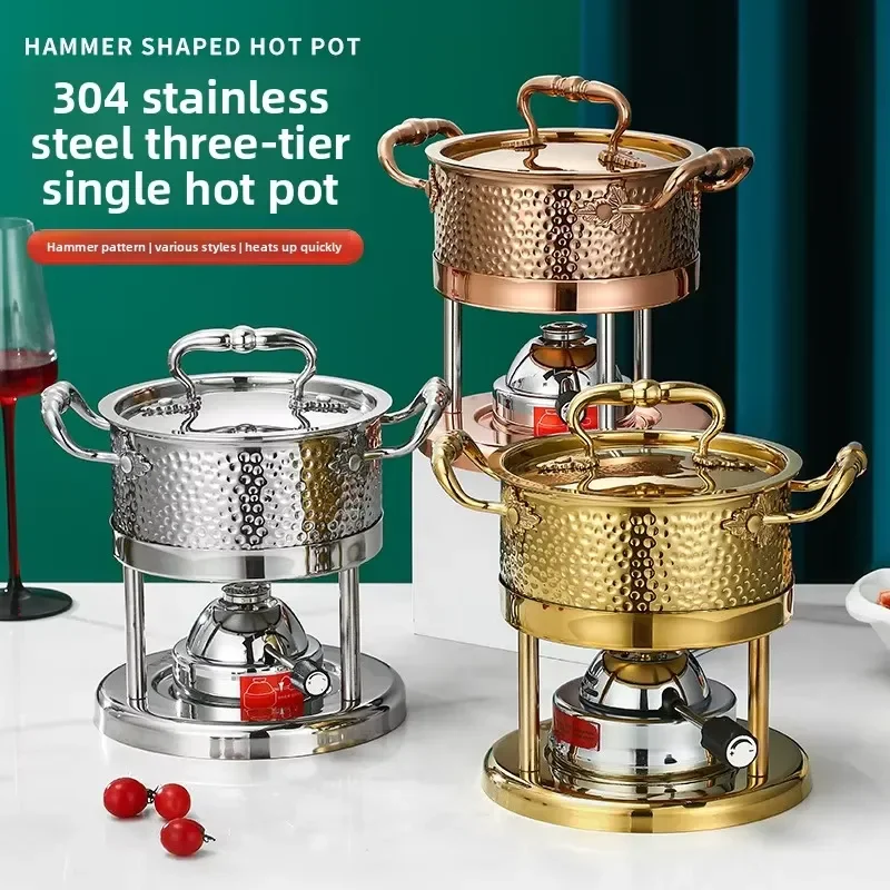 Thickened Stainless Steel Mini Hot Pot Single Burner Hammered Design Three Layer Construction Portable Gas Stove Cookware for