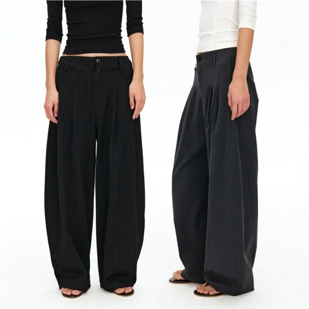 Comfortable Vertical Striped Pants Female Loose Fit Mid Waist Scythe Style Trousers Trendy Casual Office Bottoms