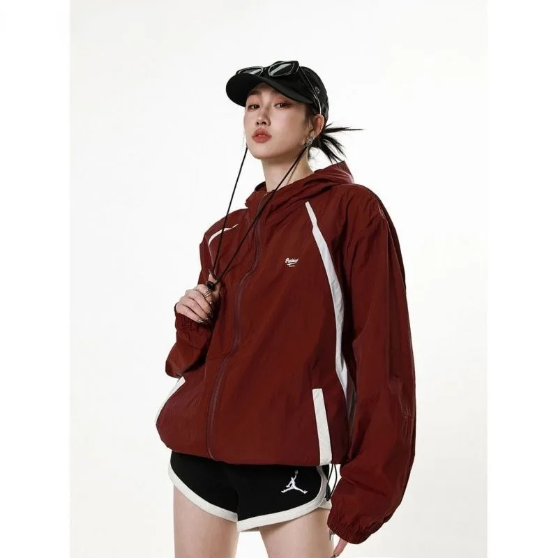 Deeptown Summer Red Jacket Women Vintage Oversized Hiphop Windbreakers Hooded Sunscreen Thin Jackets Japanese 2000s Style Y2k