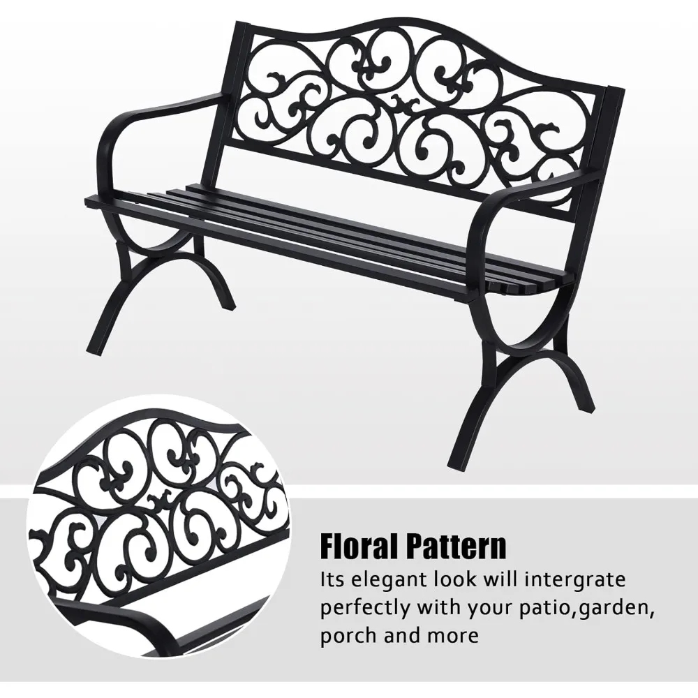 50 Inches Outdoor Garden Bench,Cast Iron Metal Frame Patio Park with Floral Pattern Backrest,Arch Legs for Porch,Garden Black