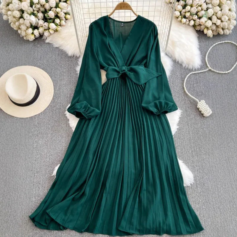 

Elegant Long Dress Solid Waist Belted Vestidos De Mujer Loose Dresses Women V Neck Maxi Robe Korean High Waist Pleated Dress Y2k
