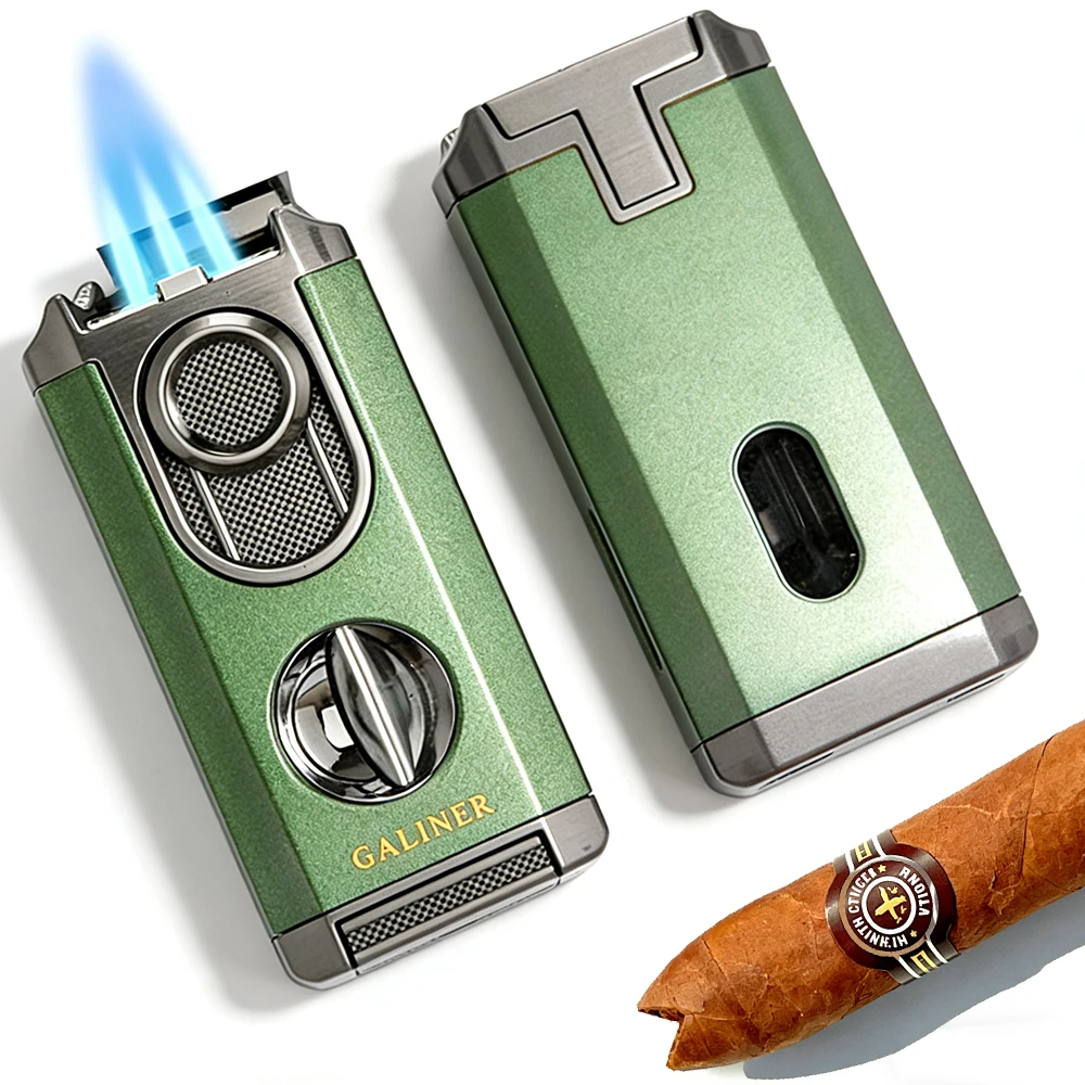 

GALINER V Cut Cigar Lighter Metal Butane Gas Torch Lighters Cigar Cutter Smoking Tool Jet Blue Flame With Gift Box
