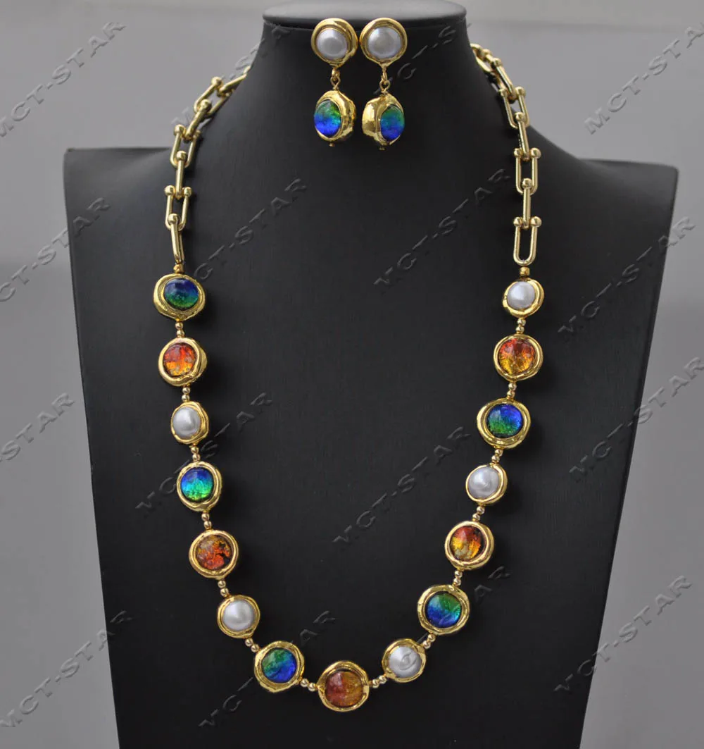 

Z13525 21 ''многоцветное золото с покрытием, древнее стекло, белая круглая жемчужная цепочка, ожерелье, серьги, ювелирные изделия на заказ